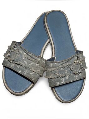 Juicy Couture Denim Slide Sandal Blue Y2K Rhinestone Adjustable Buckle Slip On 7
